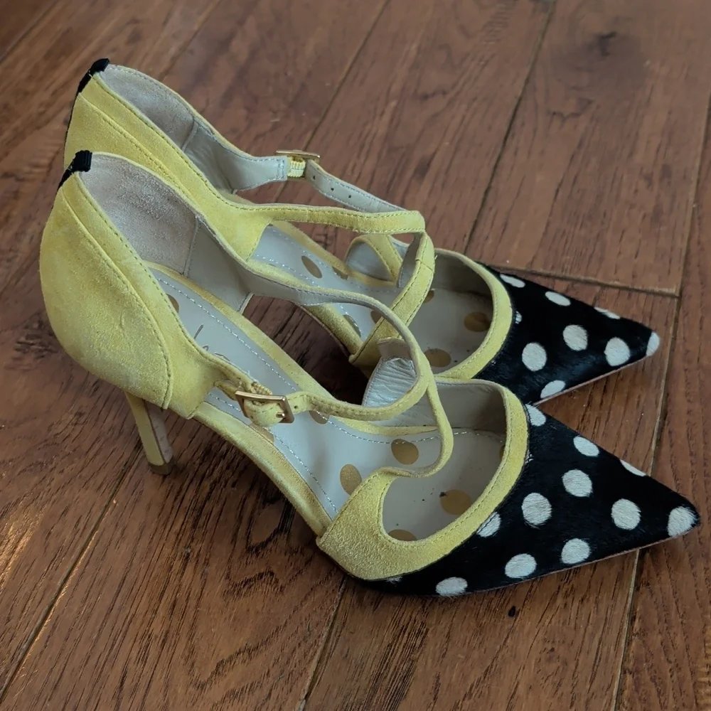 Boden Trisha Yellow and Black Polka Dot Cowhide Pointy Toe Strappy Heels - Picture 3 of 16